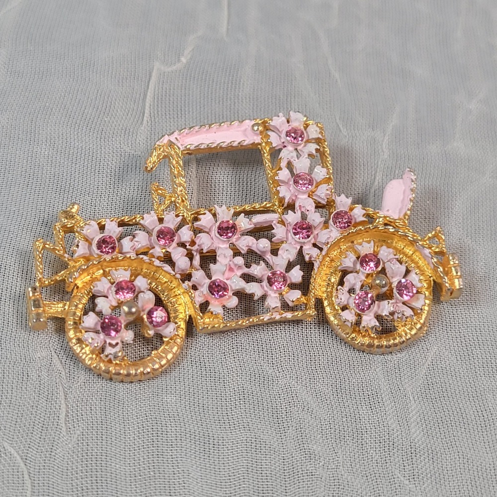 Pink Enamel Flower Model-T Car Brooch Gold Tone Rhinestone Jewlery